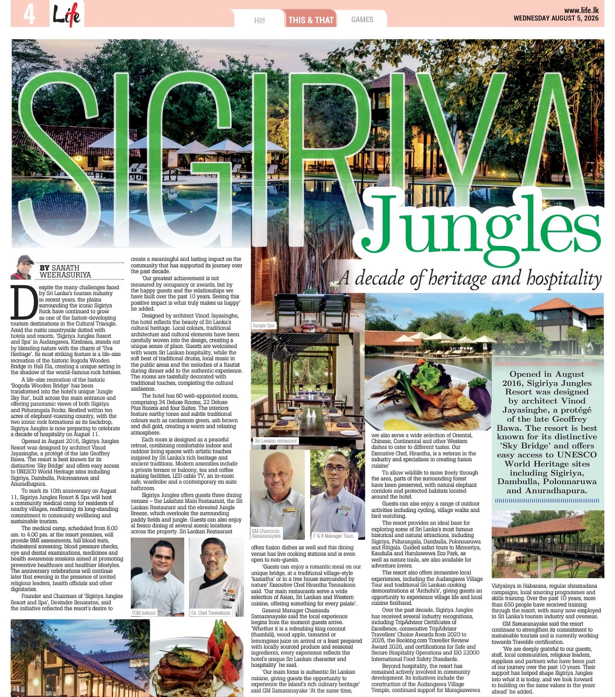 Feature article about 10th anniversary & medical camp program of Sigiriya Jungles Resort & Spa on Daily Mirror