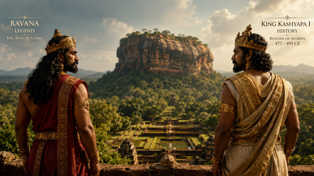 Two crowned kings, Ravana (legend) and Kashyapa I (history), gaze at Sigiriya rock in the Sigiriya Ravana Palace debate.