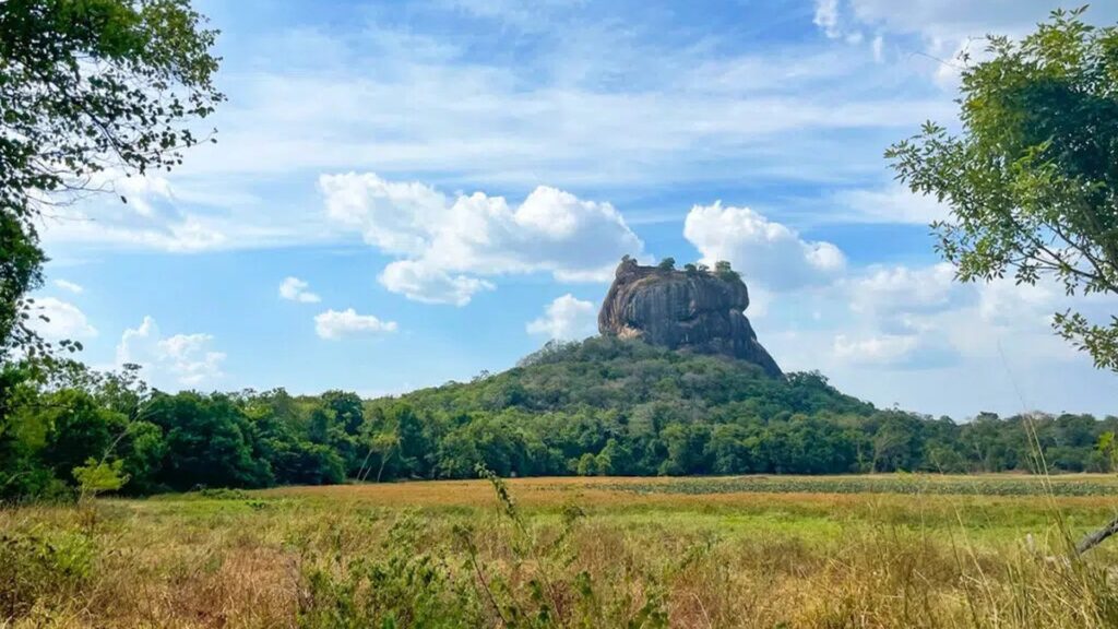 Sigiriya Lion Rock rising above green jungle plain under bright blue sky - best time to visit Sigiriya