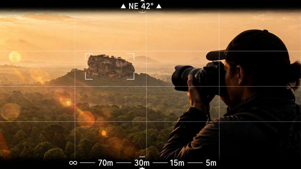 Photographer capturing Sigiriya Lion Rock at sunrise through a camera viewfinder, illustrating the best angles in this Sigiriya photography guide.