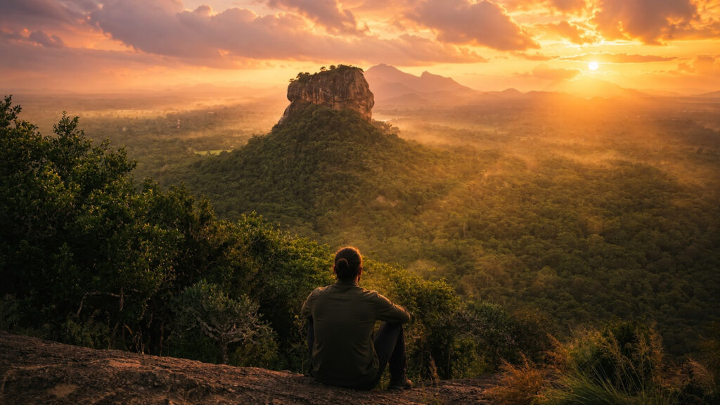 Hiker on Pidurangala summit at sunrise facing Sigiriya Lion Rock, the classic Sigiriya vs Pidurangala view
